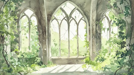 Fototapeta premium Serene Abandoned Archway Covered in Lush Greenery, With Sunlight Streaming Through