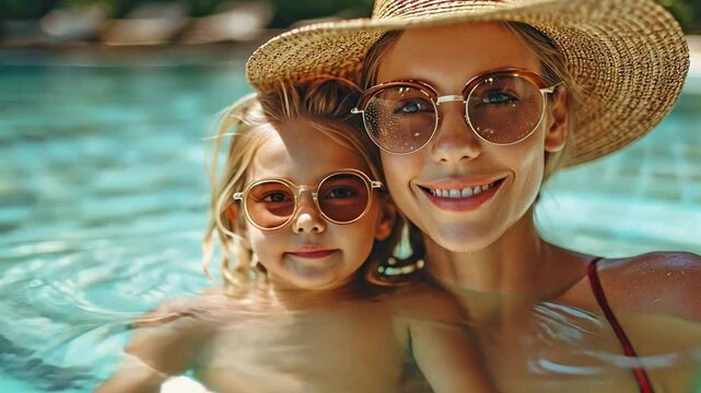 On a warm summer's day, a contented mother and her young daughter enjoy a summer vacation by lounging by the pool while sporting summer hats and sunglasses.
