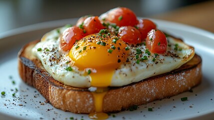 Delicious poached eggs on toasted bread, topped with creamy hollandaise sauce and fresh herbs, perfect for brunch or breakfast.
