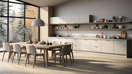 Modern kitchen with sleek white cabinetry, a minimalist dining table, and large floor-to-ceiling windows offering a winter forest view.