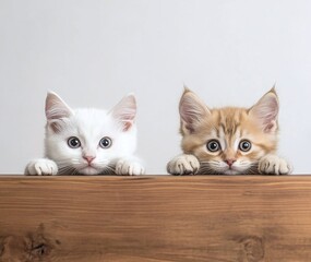 Two cute kittens peeking out from wooden table. Peekaboo.