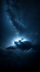 Naklejka premium Ethereal Cosmic Explosion with Fiery Center Amidst Dark Clouds and Starry Sky