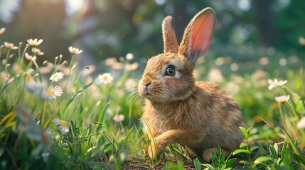 Fototapeta premium Cute fluffy little rabbit on a meadow grass field in the