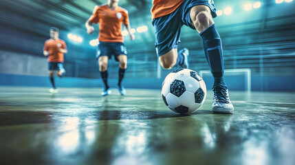 Football futsal player, ball, futsal floor. Sports background. Indoor soccer sports hall. Youth futsal league. Indoor football players and soccer ball. Generative ai.