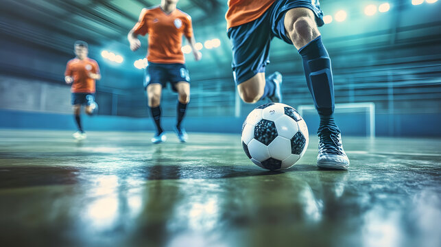 Football futsal player, ball, futsal floor. Sports background. Indoor soccer sports hall. Youth futsal league. Indoor football players and soccer ball. Generative ai.
