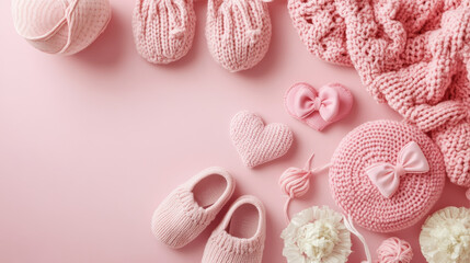 A charming knitted toy, shaped like a teddy bear, is the focal point, surrounded by a delicate heart decoration and a pair of adorable pink baby shoes.