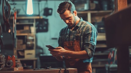 Carpenter focused on his craft while using mobile phone in a busy workshop setting