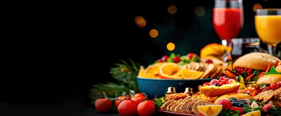 Fototapeta premium Christmas Festive Food Table with Appetizers, Drinks, and Decorations