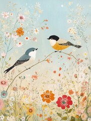 Whimsical Birds on Flowering Branches Illustration
