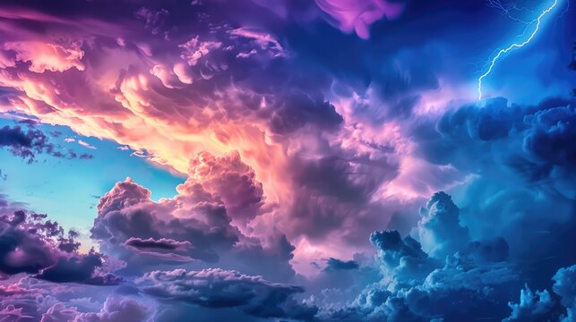 The sky is filled with dark, swirling thunderclouds, while bright lightning bolts streak across, enhancing the eerie and dramatic pre-storm ambiance