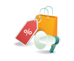 Shopping bags and megaphone on white background
