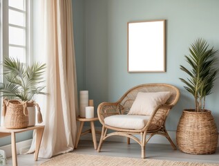 Cozy Living Room Corner with Wicker Chair and Palm Plants
