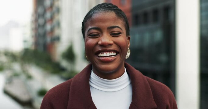 Face, business and black woman laughing in city for travel, career and opportunity outdoor. Portrait, happy and African professional entrepreneur in street for urban planner, job and working in USA