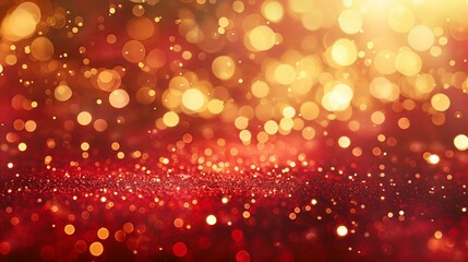 abstract Christmas background with red and gold flecks. The bokeh effect of particles of Christmas golden glow on blurred background. The texture of the gold foil. Holiday concept New Year