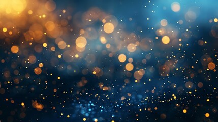 abstract Christmas background with dark blue and gold flecks. The bokeh effect of particles of Christmas golden glow on blurred background. The texture of the gold foil. Holiday concept New Year