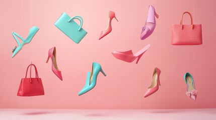 Obraz premium A pair of elegant high heels, a chic handbag, and various accessories like sunglasses, a scarf, and jewelry appear to hover effortlessly in the air
