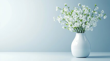 Fototapeta premium A modern vase with flowers growing from its bottom, the blooms curving upward in a mesmerizing spiral, set against a minimalist background