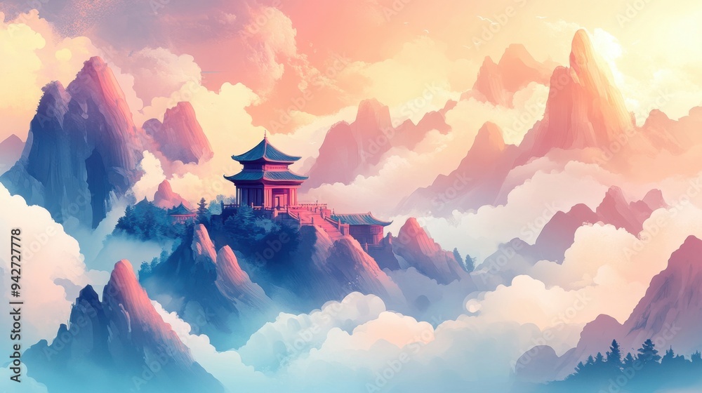 Wall mural Traditional Chinese style illustration Wonderland palace in the mountains of clouds and mist