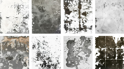 Overlay textures set stamp with grunge effect. Old damage Dirty grainy and scratches. Dirt dust isolated on white background and texture, top view