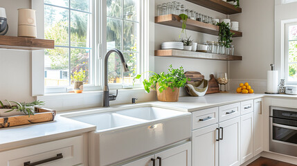Modern kitchen with an open shelving design, white cabinets, and a farmhouse sink.