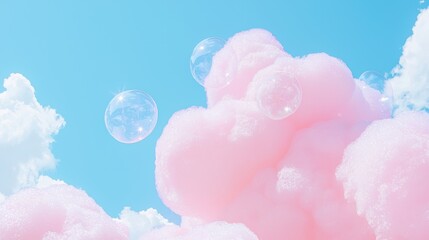Obraz premium Pink Cotton Candy Clouds With Bubbles on a Clear Blue Sky