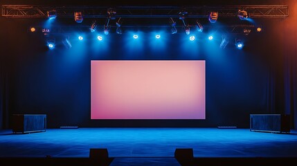 Empty Stage Setup with Large Blank Screen Mockup and Professional Lighting for Business Conference Presentations