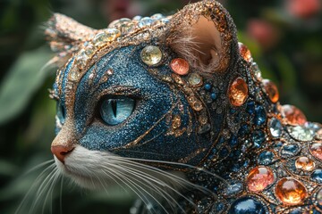 Glamorous cat adorned with orange and blue sparkling crystals.