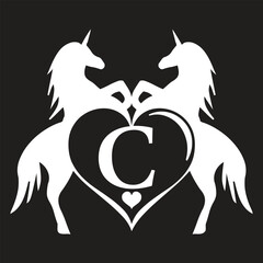 Elegant Unicorn white Monogram Logo with Heart and Letter 'C' – Vector Silhouette Design, t shirt Design svg