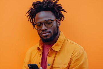 Fototapeta premium Stylish man in bright orange jacket using a smartphone