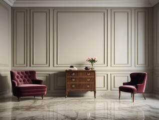 Two Velvet Armchairs and Wooden Chest in a Classic Room