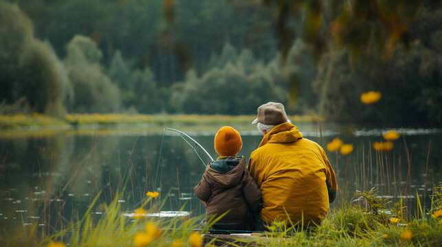 Grandfather and grandsonson sitting together on rocks fishing with rods in calm lake waters
