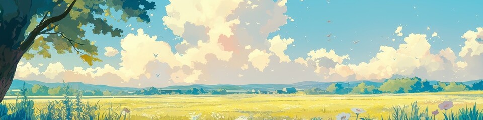 Fototapeta premium Serene Anime-Inspired Landscape: Dreamy Pastel Clouds and Azure Sky. Soothing Spring and Summer Scenery for Healing Aesthetics. Minimalist Graphic Design Template with Elegant Gradient Texture, Perfec