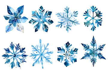 Snowflakes watercolor Illustration collection isolated on white background	