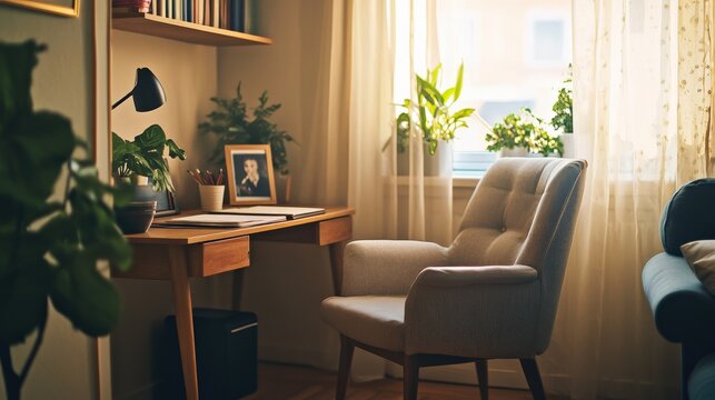 This serene corner features a comfy chair and a wooden desk adorned with greenery, creating a peaceful space that invites relaxation and productivity