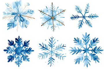 Snowflakes watercolor Illustration collection isolated on white background	