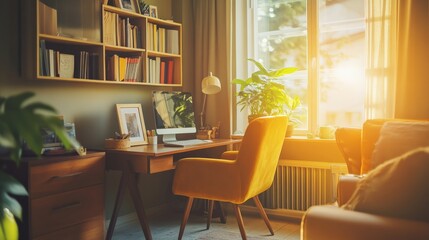 Fototapeta premium This cozy home office welcomes you with warm sunlight streaming through large windows, illuminating a wooden desk adorned with a computer and personal touches, alongside lush green plants