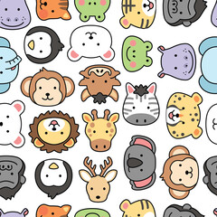 Seamless pattern zoo wild animals icon cute characters illustration outline kiddy happy cheerful kawaii japanese style decorative elements wallpaper background