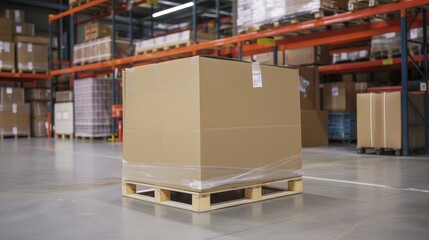 Large Cardboard Box on Pallet in Warehouse, warehouse , pallet , shipping , logistics