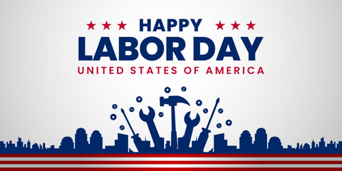 USA Happy Labor Day celebration banner background design with American flag. Labour day Safety hard hat and Construction tools background.