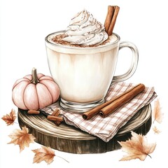 Pumpkin Spice Latte with Whipped Cream, Cozy autumn scene featuring a pumpkin spice latte topped with whipped cream, surrounded by pumpkins, cinnamon sticks, and fall leaves.





