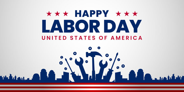 USA Happy Labor Day celebration banner background design with American flag. Labour day Safety hard hat and Construction tools background.