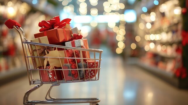 A shopping cart overflows with vibrant, wrapped Christmas gifts, while a festively decorated store glimmers in the background, evoking holiday cheer