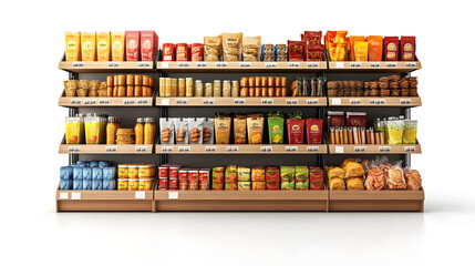 3d hyperrealistic supermarket shelfs with products, element isolated on white background	