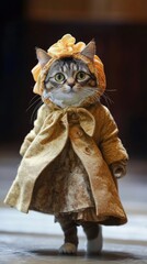 A charming cat walks down the catwalk, displaying a unique outfit complete with a stylish coat and headpiece during a fashion show