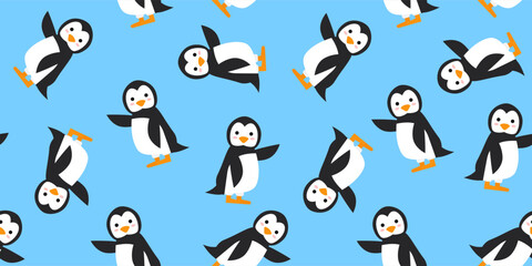cute cartoon penguin seamless patern  on blue background vector illustration