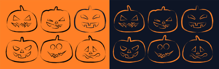halloween  pumpkins scary faces  characters set hand drawn style  vector illustration