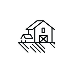 Farmhouse icon. A simple line art illustration of a farmhouse with a barn and fields. Perfect for use in websites, mobile apps, and environmental design. Vector illustration.