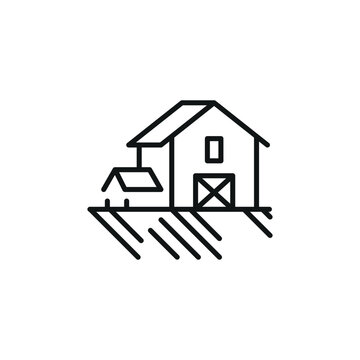 recommend clip art: Farmhouse icon. A simple line art illustration of a farmhouse with a barn and fields. Perfect for use in websites, mobile apps, and environmental design. Vector illustration.