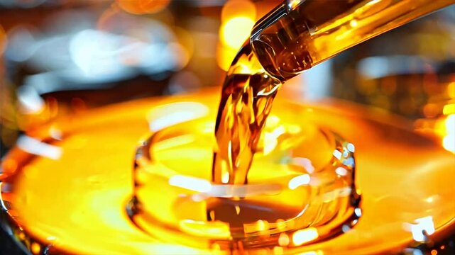 A bottle of liquid is poured into a small container. The liquid is orange and he is a type of oil