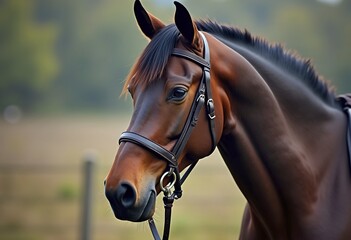 Obraz premium A close-up portrait of a dark brown horse with a leather bridle and bit